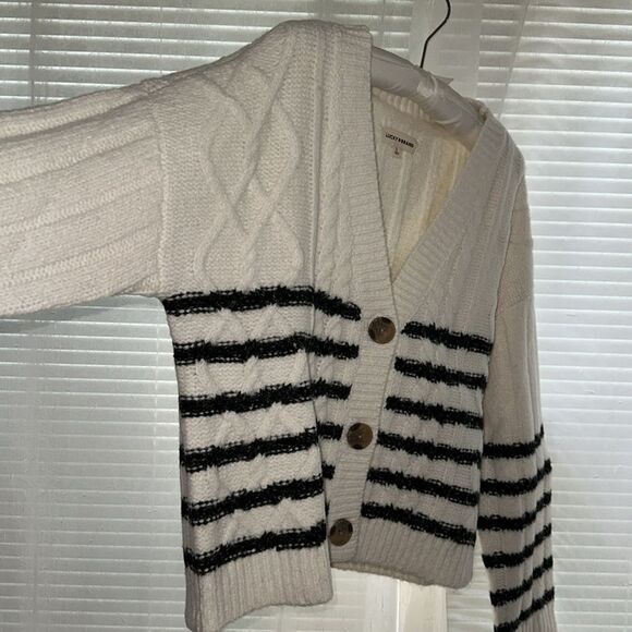 Lucky Brand L-XL White Black Stripe Cable Knit Button Front Wool Blend Cardigan - Picture 9 of 16